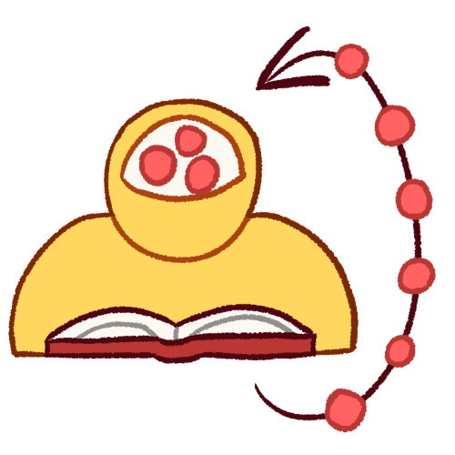 a person visible from the mid-chest up with a red book laying flat in front of them. there is a space in their head with small pink balls in it. an arrow points from the book up to the space in their head, with pink balls along the arrow. 